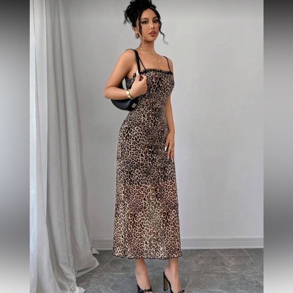 Firerie Women Leopard Print Lace Patchwork Midi Bodycon Dress, Stretchy Fabric, - Picture 2 of 4